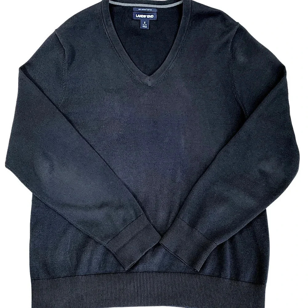 Lands' End Classic 100% Supima Cotton V Neck Lightweight Sweater Size S Black